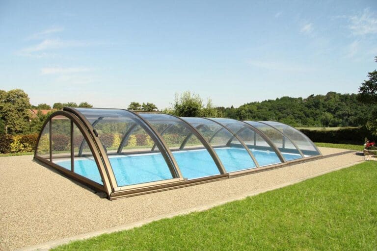 Klasik Clear C Telescopic Enclosure Silver or Grey Frame For Pool Size 10m x 5m
